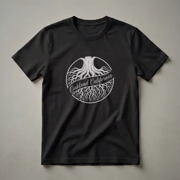 Black t-shirt with a vintage sketch-style graphic of a tree's roots and trunk, with a banner reading 'Oakland California' across the roots.
