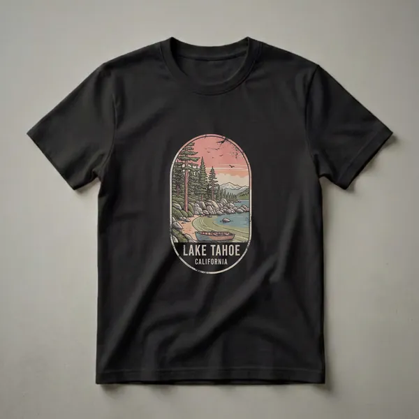 Black t-shirt featuring a vintage oval graphic of Lake Tahoe, California, with pine trees, a rocky shore, a rowboat, and distant mountains under a sunset sky.