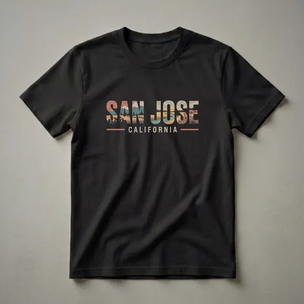 Black t-shirt with 'SAN JOSE CALIFORNIA' text. The letters are filled with a retro landscape art depicting rolling hills, a river, pine trees, a sunset, and poppies.