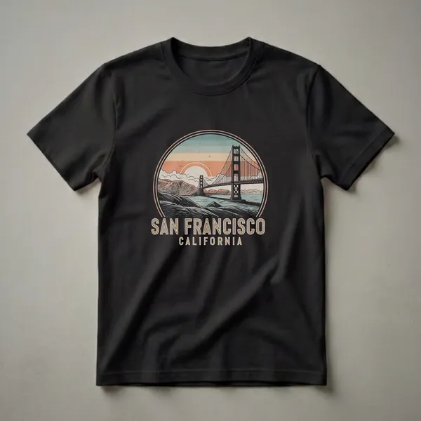 Black t-shirt with a retro graphic design of the Golden Gate Bridge in San Francisco, California, at sunset, with text below.