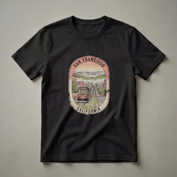 Black t-shirt featuring a vintage illustration of a San Francisco cable car on a steep hill, with buildings and mountains in the background, enclosed in a distressed oval badge with 'San Francisco California' text.
