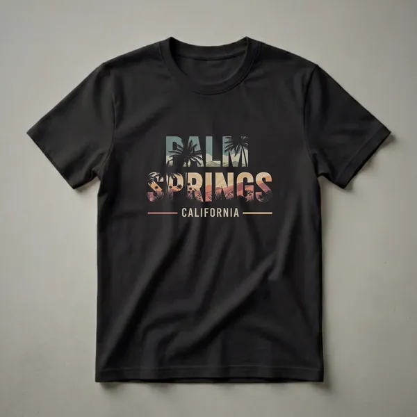 Black t-shirt featuring the words 'Palm Springs California' filled with a retro desert sunset landscape, including palm trees, mountains, and stylized sun rays.