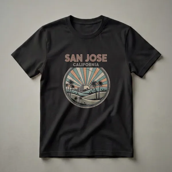 Black graphic t-shirt with a vintage San Jose California design featuring a circular emblem with a retro sunset, palm trees, and city skyline.