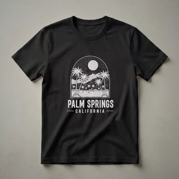 Black t-shirt with a vintage sketch art design of Palm Springs, California, featuring palm trees, mountains, and a full moon.