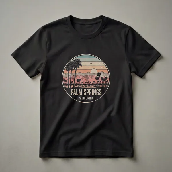 Black t-shirt with a circular graphic depicting a retro Palm Springs, California sunset scene with palm trees and mountains.