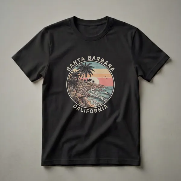 Black t-shirt with a circular retro graphic of Santa Barbara, California, featuring palm trees, a rocky coastline, crashing waves, and a sunset with vintage-colored stripes.