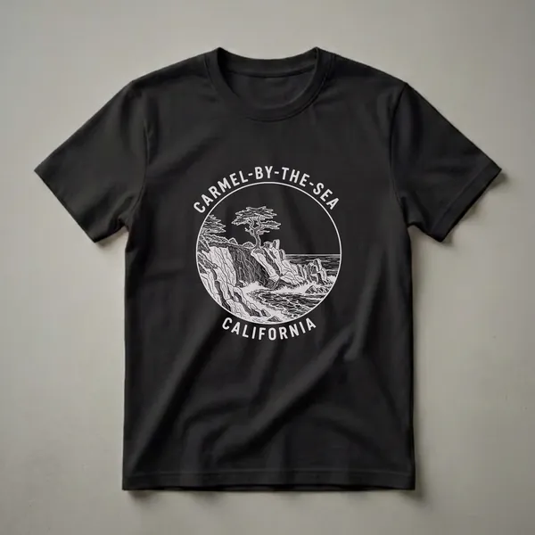 Black t-shirt with a circular linocut-style graphic depicting the rugged coastline of Carmel-by-the-Sea, California, featuring a cypress tree, rocky cliffs, and crashing waves.