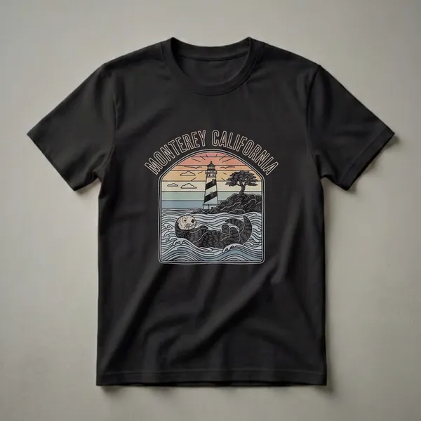 Black t-shirt featuring a retro graphic of a sea otter floating in the ocean with a lighthouse and a windswept tree on a rocky shore under a striped sunset sky, with the text 'MONTEREY CALIFORNIA' at the top.