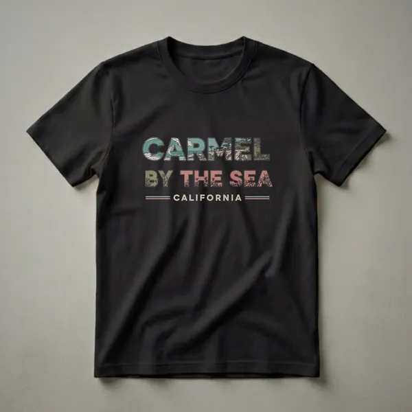 Black t-shirt with retro graphic text reading 'CARMEL BY THE SEA CALIFORNIA', featuring coastal waves, cliffs, cypress trees, and wildflowers within the letters.
