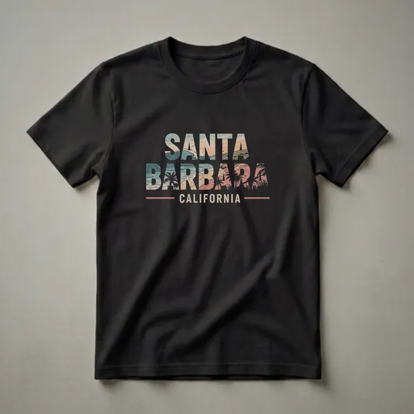 Black t-shirt with retro graphic text 'SANTA BARBARA CALIFORNIA' filled with a stylized beach scene including ocean waves, palm trees, and a sunset.