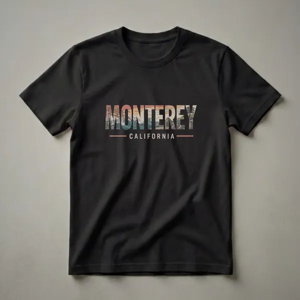 Black t-shirt with a retro graphic design that spells out MONTEREY, filled with a coastal scene of waves, mountains, and a sunset, with CALIFORNIA printed below.