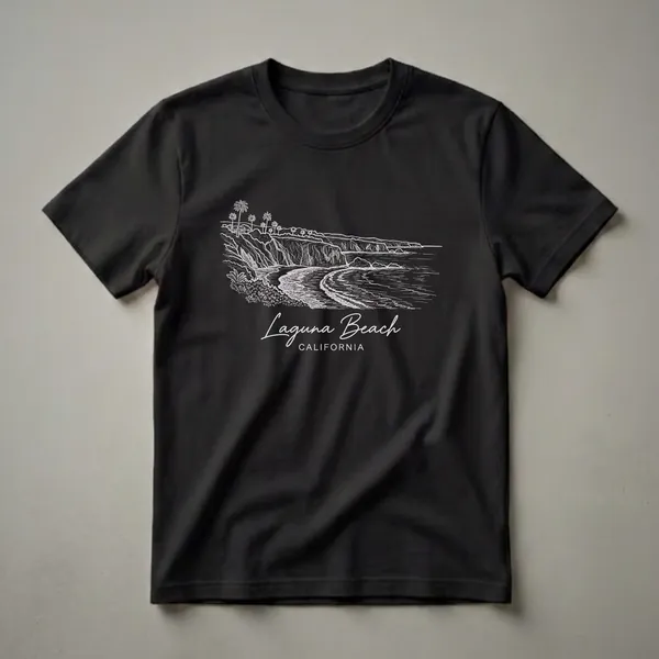 Black t-shirt featuring a white sketch of the Laguna Beach coastline with cliffs, palm trees, houses, and ocean waves, with 'Laguna Beach CALIFORNIA' text below.