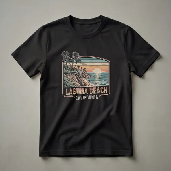 Retro graphic t-shirt featuring a Laguna Beach California sunset scene with palm trees, cliffs, and ocean waves.
