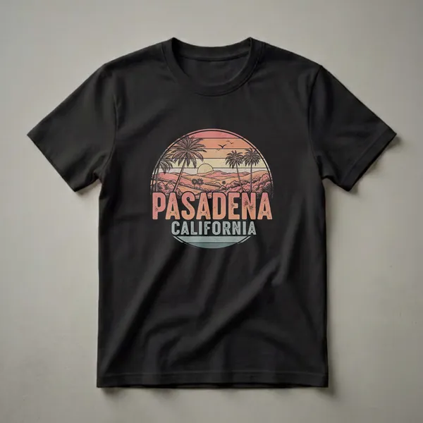 Black graphic t-shirt with a retro sunset design featuring palm trees, rolling hills, and the text 'PASADENA CALIFORNIA'.