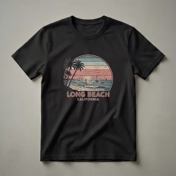 Black t-shirt featuring a retro graphic of Long Beach, California, with a sunset, palm trees, sailboats, and ocean waves.
