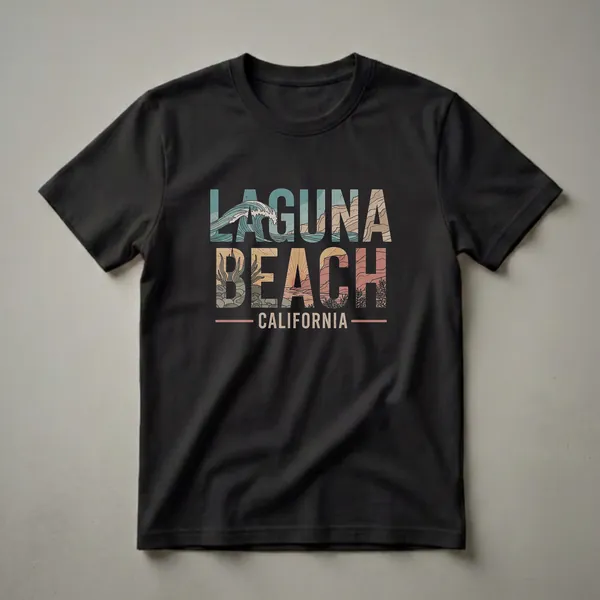 Black t-shirt with retro graphic art that spells out 'LAGUNA BEACH CALIFORNIA' with a wave filling 'LAGUNA', a sunset and cliffs filling 'BEACH', and coastal plants.