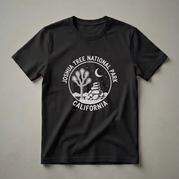 Black t-shirt with a vintage circular graphic design depicting a Joshua tree, stacked rocks, a crescent moon, and stars, with text 'Joshua Tree National Park California'.