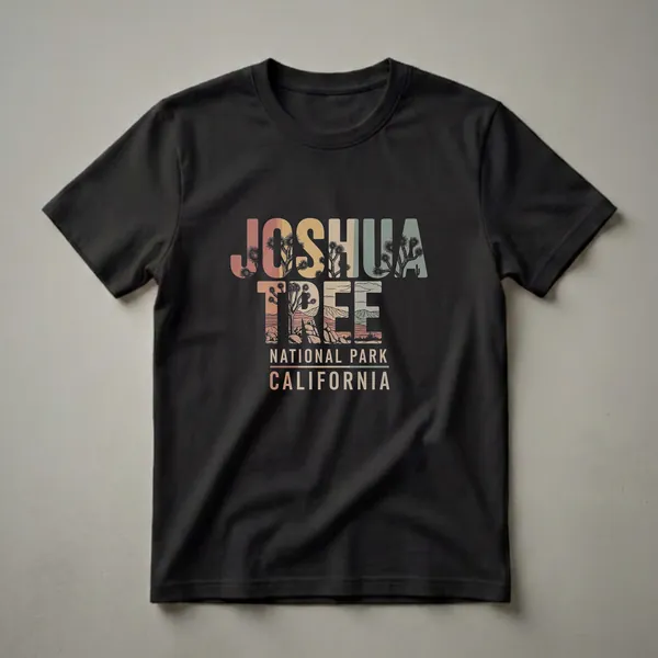 Black t-shirt with retro graphic design for Joshua Tree National Park, featuring stylized Joshua trees and desert landscape filling the text.