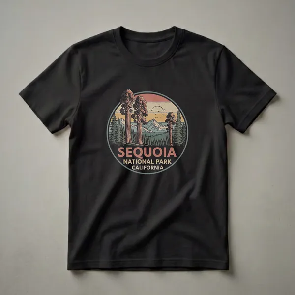 Black graphic t-shirt featuring a retro circular design of Sequoia National Park with giant sequoia trees, pine trees, mountains, and a sunset sky.
