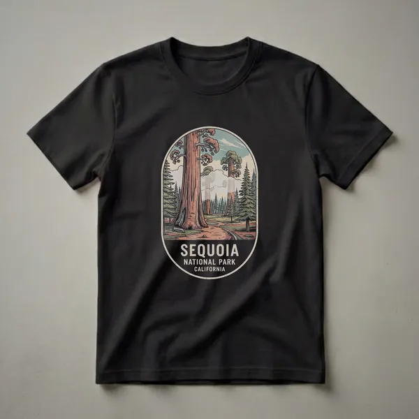 Graphic t-shirt featuring a vintage illustration of Sequoia National Park, California, with giant sequoia trees, a winding path, and clouds in an oval emblem.