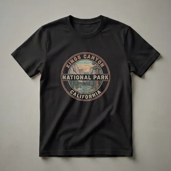 Black t-shirt featuring a circular retro graphic of Kings Canyon National Park, California, with mountains, a river, trees, and a sunset.