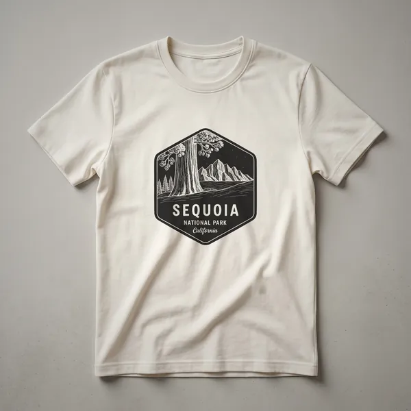 Black graphic t-shirt featuring a hexagonal design with a large sequoia tree, mountains, and the text 'SEQUOIA NATIONAL PARK California'.