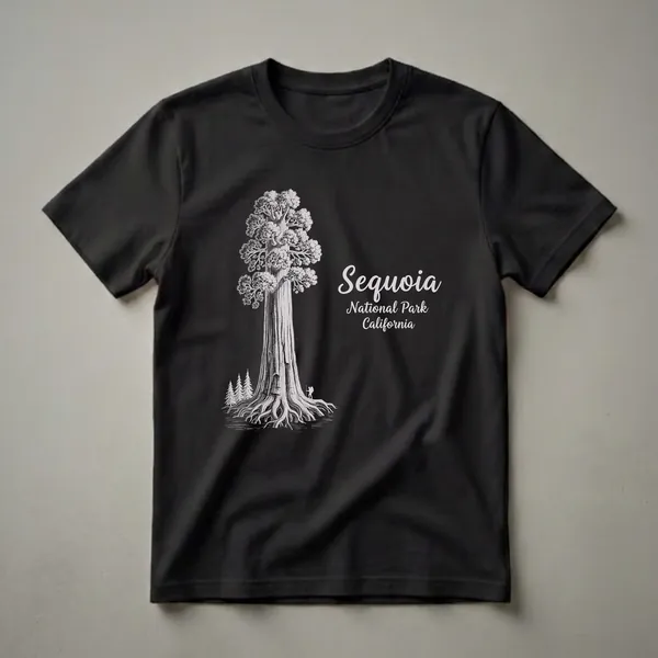 Black graphic t-shirt with a detailed white scratchboard-style illustration of a towering giant sequoia tree with a small hiker at its base and script text reading Sequoia National Park California.