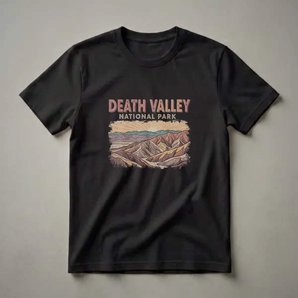Black t-shirt featuring a retro graphic design of Death Valley National Park, with layered desert mountains under a radiating sun and the words 'Death Valley National Park' in distressed lettering.