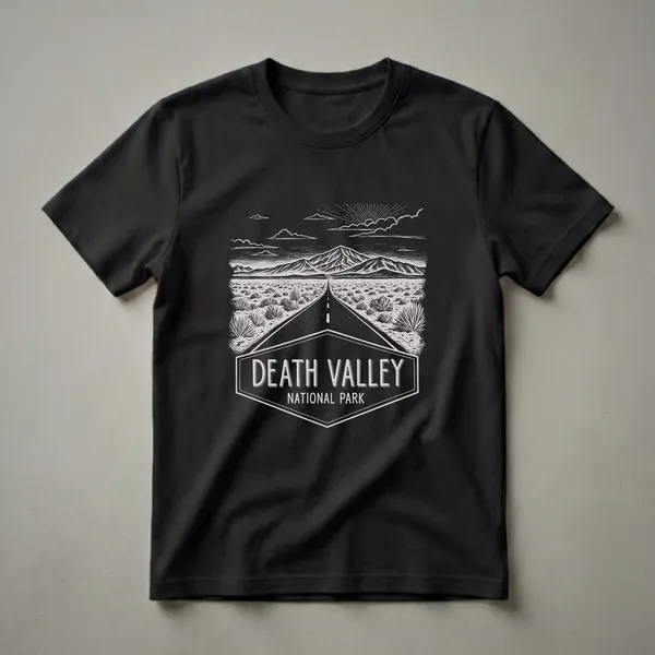 Black graphic t-shirt with a white scratchboard illustration showing a straight desert road flanked by yucca plants leading to mountains under a dramatic sky, with Death Valley National Park badge text.