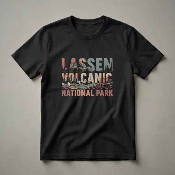 Black graphic t-shirt with bold retro stacked Lassen Volcanic National Park lettering filled with hydrothermal vent and volcanic landscape imagery in rust, teal, olive, and cream tones.