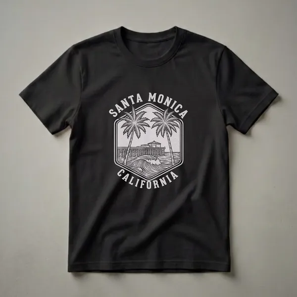 Black graphic t-shirt with a vintage hexagonal badge in white line scratchboard style showing the Santa Monica Pier pavilion, palm trees, and ocean waves with Santa Monica California text.