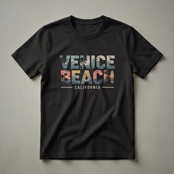 Retro graphic t-shirt featuring the words VENICE BEACH CALIFORNIA filled with imagery of ocean waves, palm trees, seagulls, and surfboards, with a sunset in the background.