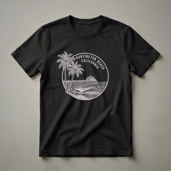 Black graphic t-shirt with a circular vintage badge in white scratchboard style showing Huntington Beach California Pier, two palm trees, and a breaking wave with arched Huntington Beach California text.