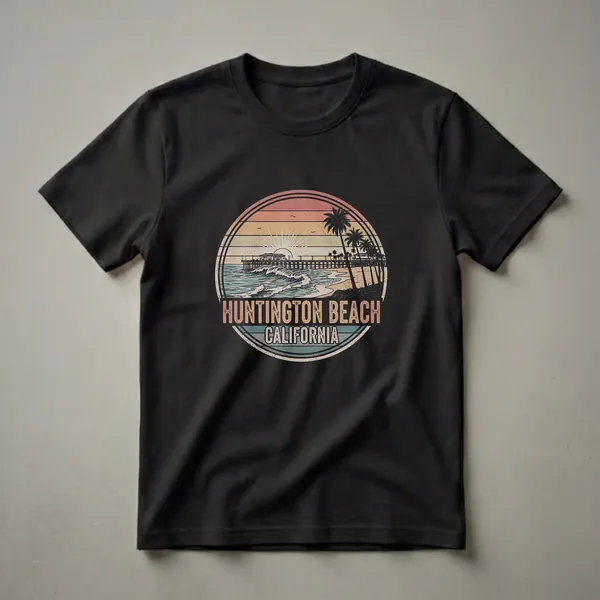 Black graphic t-shirt with a large circular retro badge showing Huntington Beach California pier and ferris wheel silhouettes against layered sunset stripes in teal, coral, orange, and gold with palm trees.