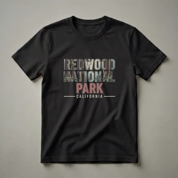 Black graphic t-shirt featuring the text 'REDWOOD NATIONAL PARK CALIFORNIA' in a retro font, with a forest scene of redwood trees, ferns, and a river integrated into the letters.