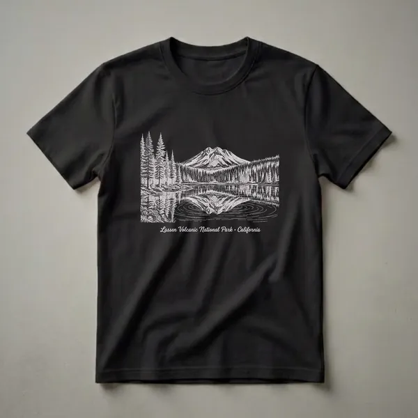 Black graphic t-shirt with fine white scratchboard illustration of Lassen Peak volcano reflected in a calm mountain lake framed by tall conifers, with script Lassen Volcanic National Park California text.
