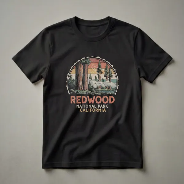 Black graphic t-shirt with a large circular retro badge showing Redwood National Park California with towering redwood trunks, sunrise rays, and forest understory in rust, gold, teal, and olive tones.