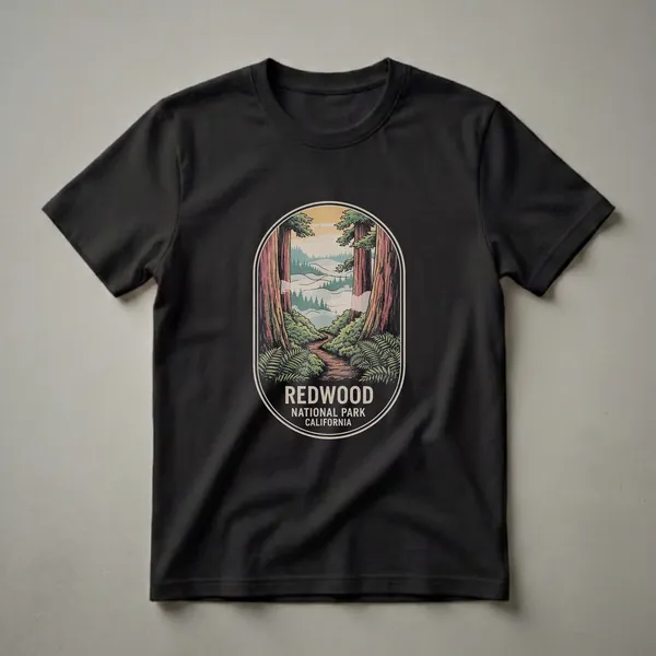 A retro graphic t-shirt design depicting a forest path winding between tall redwood trees, with ferns and a misty mountain landscape in the background, labeled 'Redwood National Park California'.