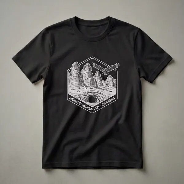 Black t-shirt with a vintage hexagonal graphic depicting Pinnacles National Park, California, featuring rock spires, a cave entrance, and a soaring eagle under a starry sky.