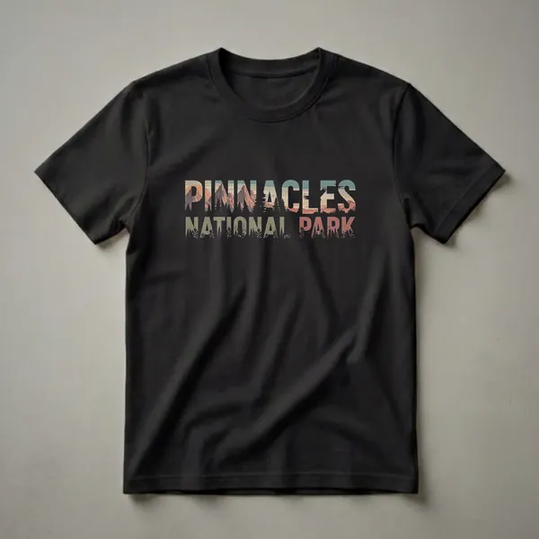 Black t-shirt featuring the words 'PINNACLES NATIONAL PARK' filled with a retro drawing of mountains, pine trees, a sunset, and birds in flight.