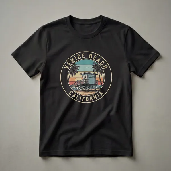 Black t-shirt featuring a circular retro graphic of Venice Beach, California, with a lifeguard tower, palm trees, waves, and a sunset.