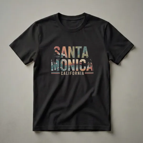 Black t-shirt with a retro graphic design that reads SANTA MONICA CALIFORNIA, featuring a sunset over the ocean with waves and palm trees.