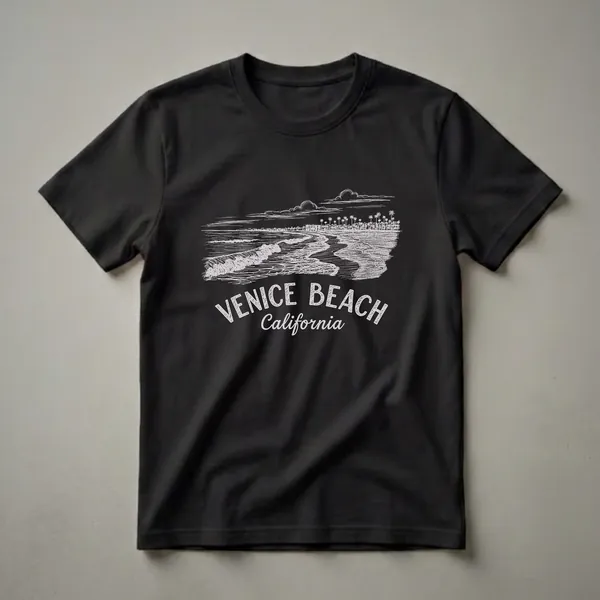 Black t-shirt with a white sketch design of Venice Beach, California, featuring waves, palm trees, and text.