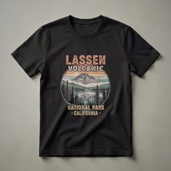 Black graphic t-shirt featuring a vintage illustration of Lassen Peak reflecting in a lake, surrounded by pine trees and a sunset, with text 'Lassen Volcanic National Park California'.