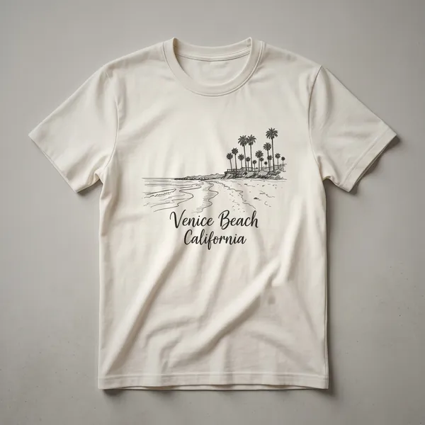 Black and white sketch art t-shirt featuring Venice Beach, California, with palm trees and ocean waves, and the text 'Venice Beach California'.