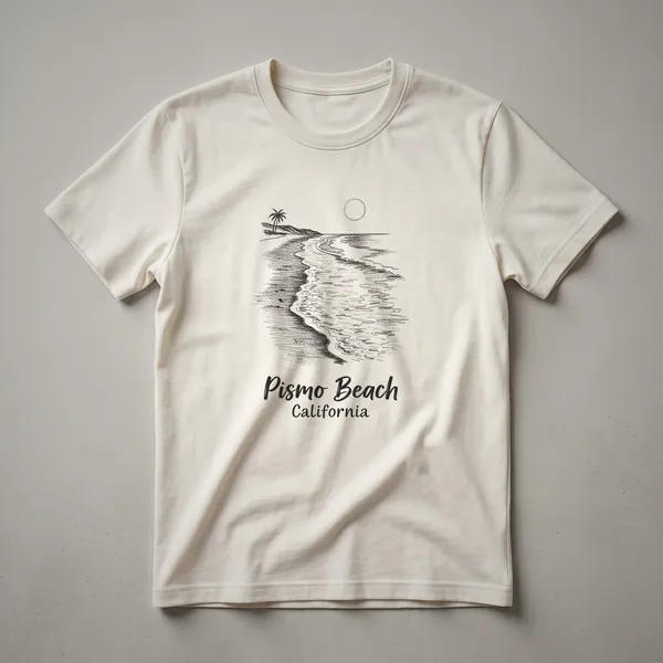 Black t-shirt with a sketch design of Pismo Beach, California, featuring a palm tree, ocean waves, hills, and a sun.