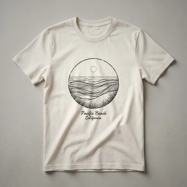Black graphic t-shirt featuring a circular sketch of Pacific Beach, California, with waves, a sun, and script text.