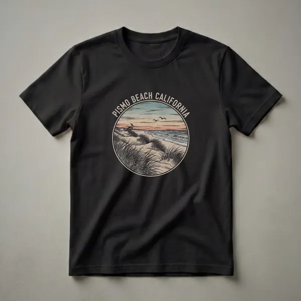 Black t-shirt featuring a circular graphic of Pismo Beach, California at sunset with a pelican, seagulls, sand dunes, and ocean waves.