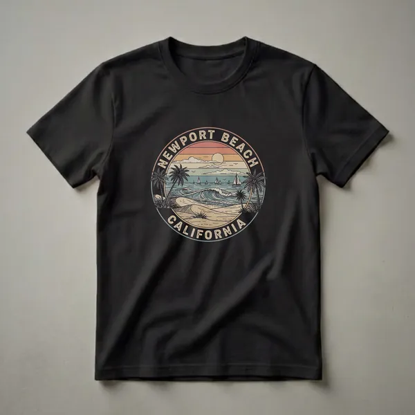Black graphic t-shirt featuring a circular retro design of Newport Beach, California, with palm trees, ocean waves, sailboats, and a sunset.