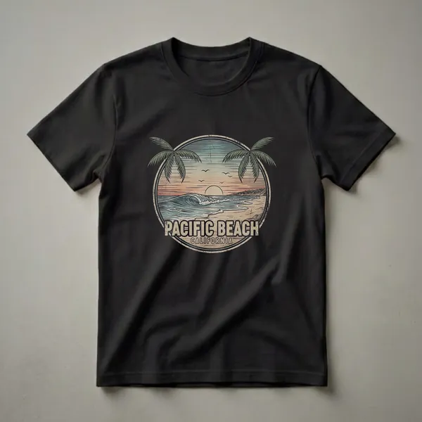 Black graphic t-shirt featuring a retro circular design of Pacific Beach, California at sunset, with palm trees, a wave, and the text 'PACIFIC BEACH CALIFORNIA'.
